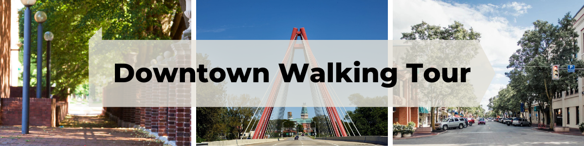 Downtown Walking Tour banner featuring photos of Washington Street, the Columbus bridge, and the alley between BCPL and the Inn at Irwin Gardens